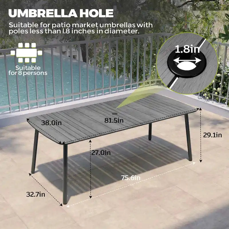 7-PC Outdoor Patio Dining Set Rectangular Aluminum Table with Umbrella Hole with Rattan Chair