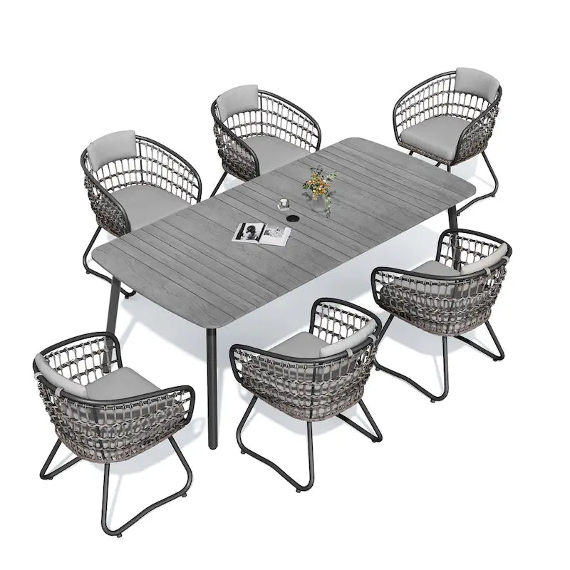 7-PC Outdoor Patio Dining Set Rectangular Aluminum Table with Umbrella Hole with Rattan Chair