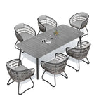 7-PC Outdoor Patio Dining Set Rectangular Aluminum Table with Umbrella Hole with Rattan Chair