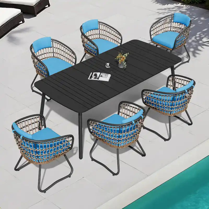 7-PC Outdoor Patio Dining Set Rectangular Aluminum Table with Umbrella Hole with Rattan Chair