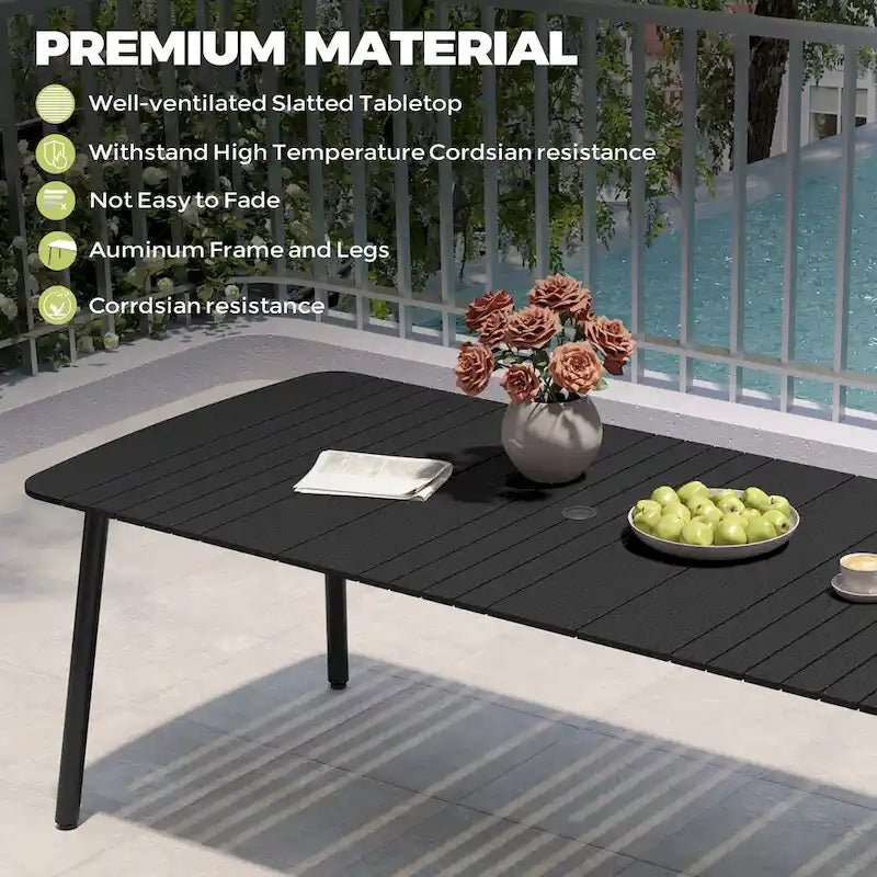 7-PC Outdoor Patio Dining Set Rectangular Aluminum Table with Umbrella Hole with Rattan Chair