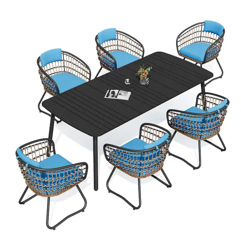 7-PC Outdoor Patio Dining Set Rectangular Aluminum Table with Umbrella Hole with Rattan Chair