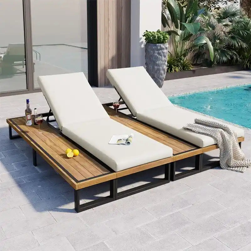 Outdoor Chaise Lounge Chair Set of 1/2, Patio Sun Loungers Reclinings with Wood Side Table and 5-Position Adjustable Backrest