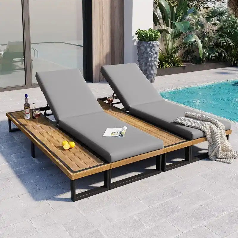 Outdoor Chaise Lounge Chair Set of 1/2, Patio Sun Loungers Reclinings with Wood Side Table and 5-Position Adjustable Backrest