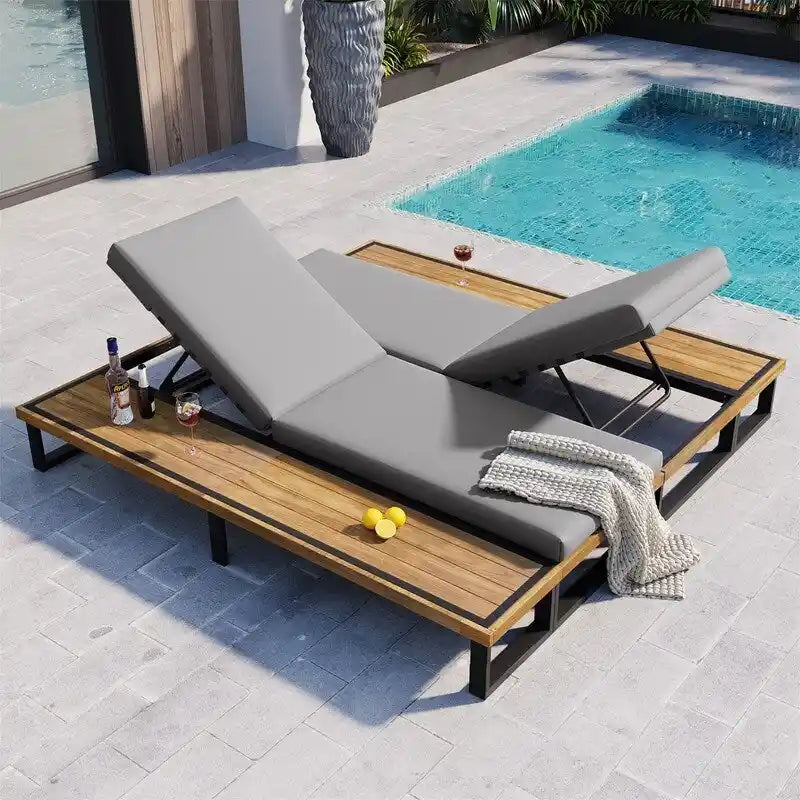 Outdoor Chaise Lounge Chair Set of 1/2, Patio Sun Loungers Reclinings with Wood Side Table and 5-Position Adjustable Backrest