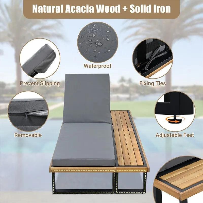 Outdoor Chaise Lounge Chair Set of 1/2, Patio Sun Loungers Reclinings with Wood Side Table and 5-Position Adjustable Backrest