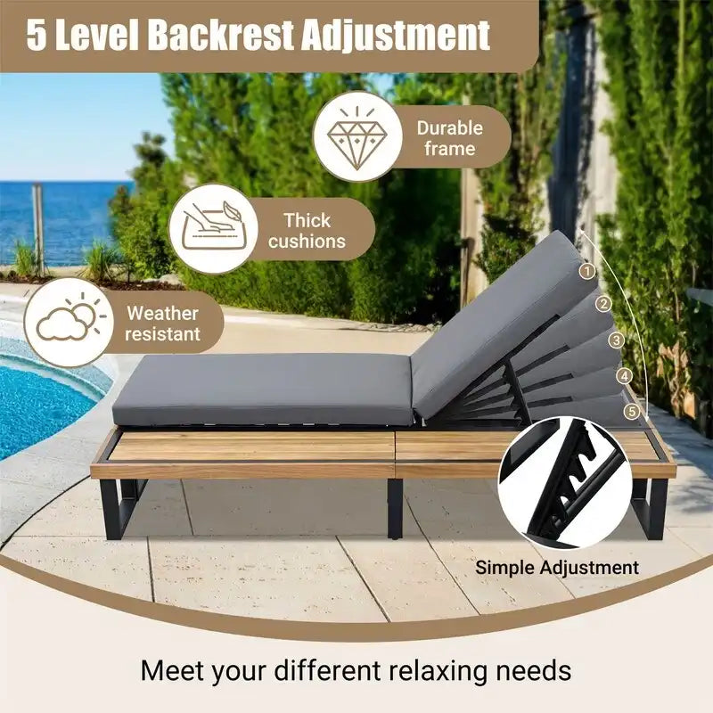 Outdoor Chaise Lounge Chair Set of 1/2, Patio Sun Loungers Reclinings with Wood Side Table and 5-Position Adjustable Backrest