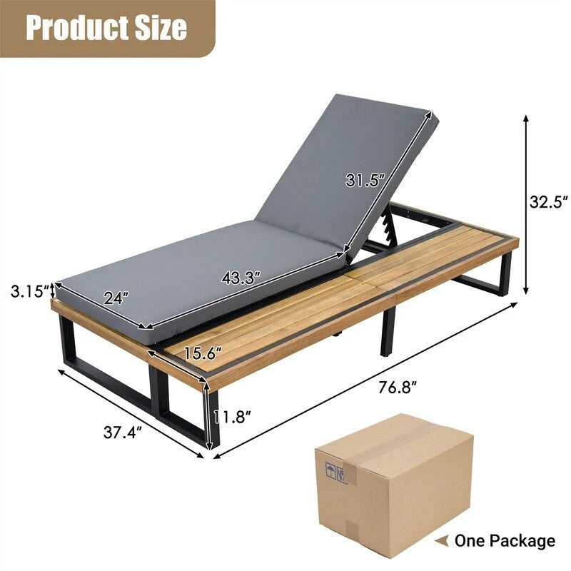 Outdoor Chaise Lounge Chair Set of 1/2, Patio Sun Loungers Reclinings with Wood Side Table and 5-Position Adjustable Backrest