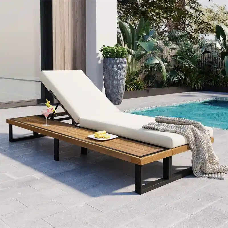 Outdoor Chaise Lounge Chair Set of 1/2, Patio Sun Loungers Reclinings with Wood Side Table and 5-Position Adjustable Backrest