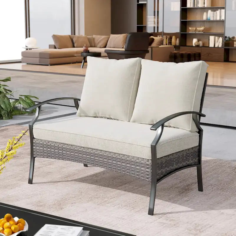 Uixe Outdoor Patio All-Weather Wicker Loveseat with Cushions