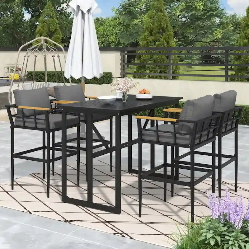 5-Piece Iron Outdoor Dining Set with Acacia Wood Armrest Suitable For Patio, Balcony Or Backyard - N/A