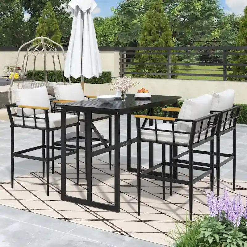 5-Piece Iron Outdoor Dining Set with Acacia Wood Armrest Suitable For Patio, Balcony Or Backyard - N/A