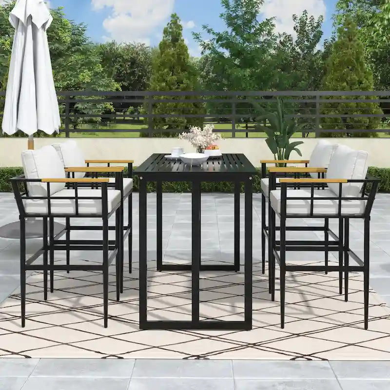 5-Piece Iron Outdoor Dining Set with Acacia Wood Armrest Suitable For Patio, Balcony Or Backyard - N/A