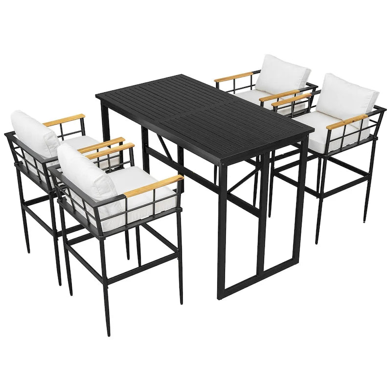 5-Piece Iron Outdoor Dining Set with Acacia Wood Armrest Suitable For Patio, Balcony Or Backyard - N/A