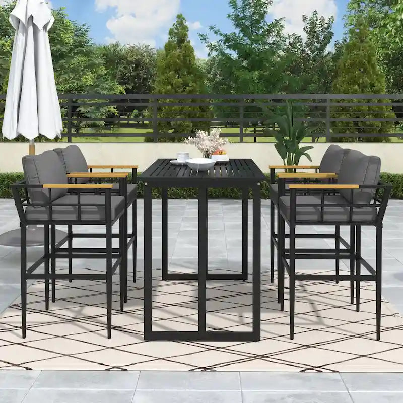 5-Piece Iron Outdoor Dining Set with Acacia Wood Armrest Suitable For Patio, Balcony Or Backyard - N/A