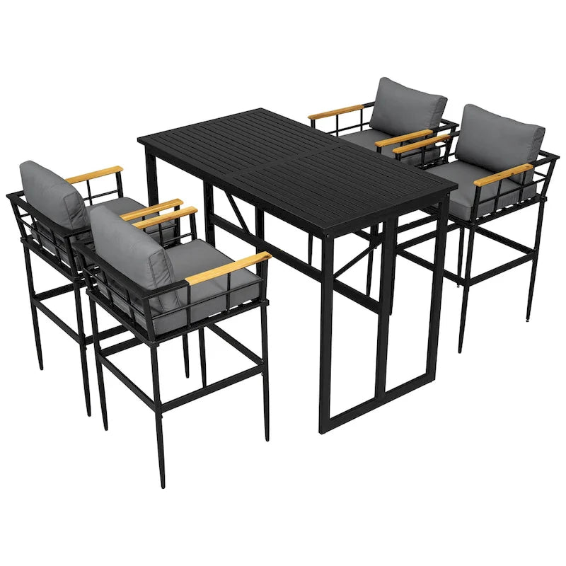 5-Piece Iron Outdoor Dining Set with Acacia Wood Armrest Suitable For Patio, Balcony Or Backyard - N/A
