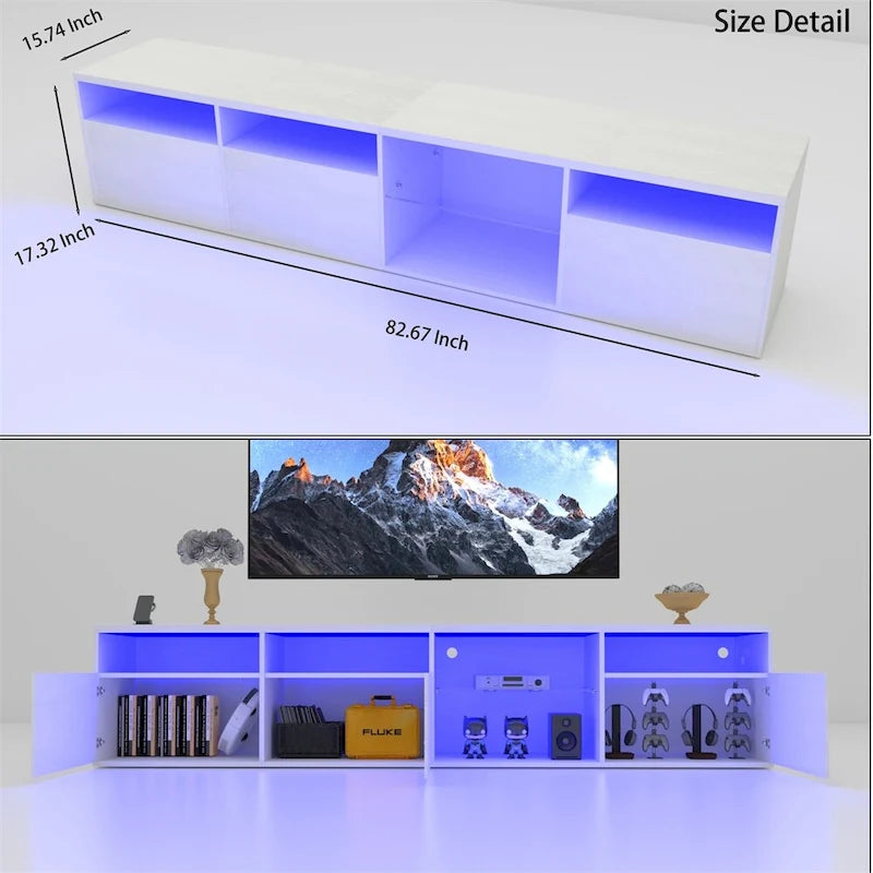 TV Console with Storage Cabinets,82.6 Inch Long LED TV Stand