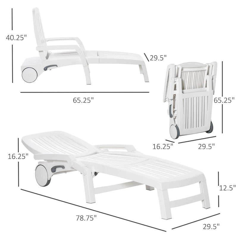 Outdoor Chaise Lounge Chair on Wheels with Storage Box, Waterproof Lounger, 5-Level Adjustable Backrest for Patio, Poolside