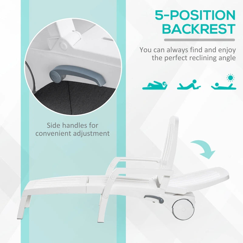 Outdoor Chaise Lounge Chair on Wheels with Storage Box, Waterproof Lounger, 5-Level Adjustable Backrest for Patio, Poolside