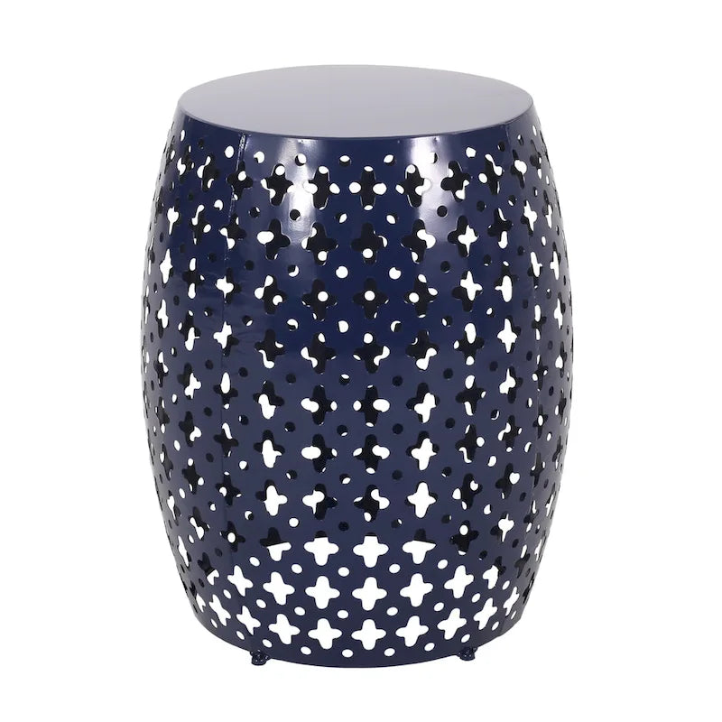 Miami Outdoor End Table, Cutout Design, Round 17 Inch, Navy Blue Iron