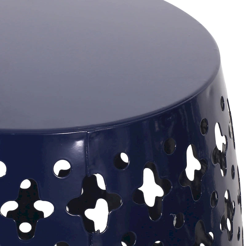 Miami Outdoor End Table, Cutout Design, Round 17 Inch, Navy Blue Iron