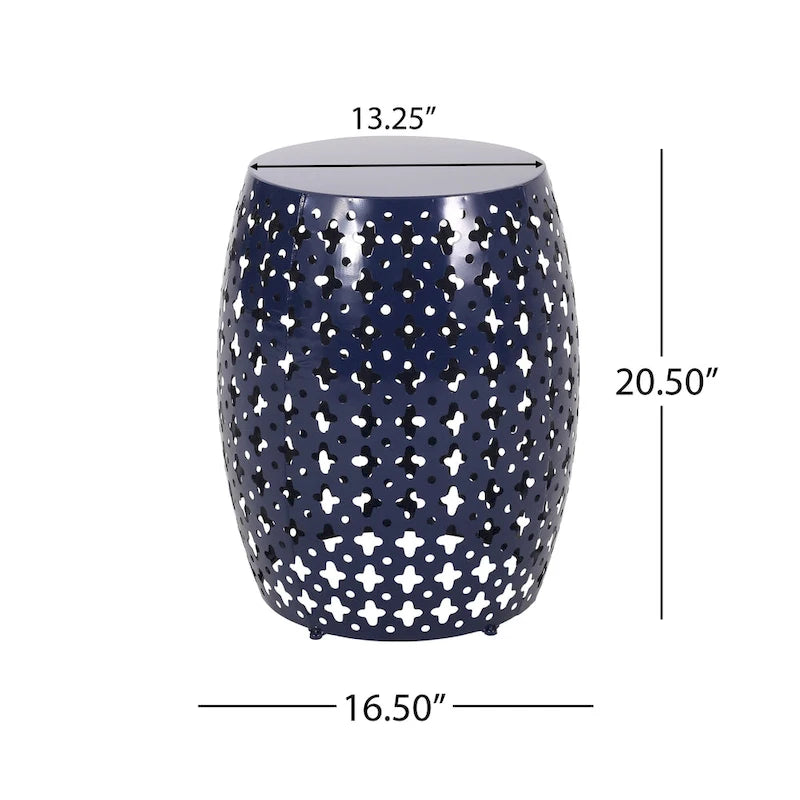 Miami Outdoor End Table, Cutout Design, Round 17 Inch, Navy Blue Iron