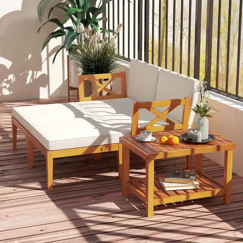 Costway 5 PCS Acacia Wood Patio Chaise Lounge Chair Set with 2-Tier - See Details