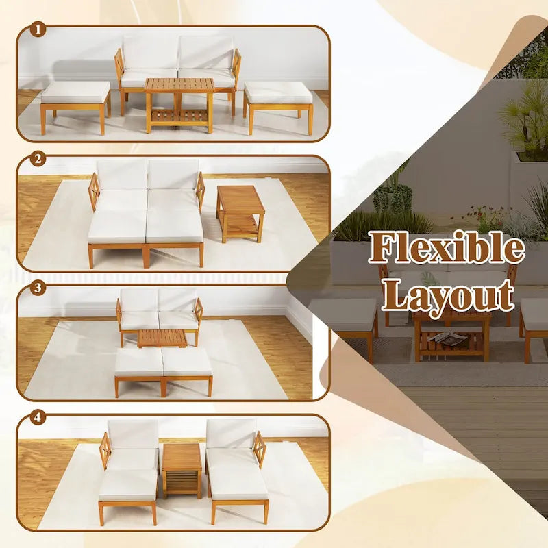 Costway 5 PCS Acacia Wood Patio Chaise Lounge Chair Set with 2-Tier - See Details