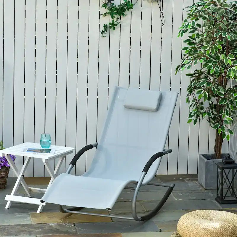 Outdoor Chaise Rocker with Detachable Pillow and Weather-Fighting Fabric, Zero Gravity Rocking Chair for Patio, Deck, Pool