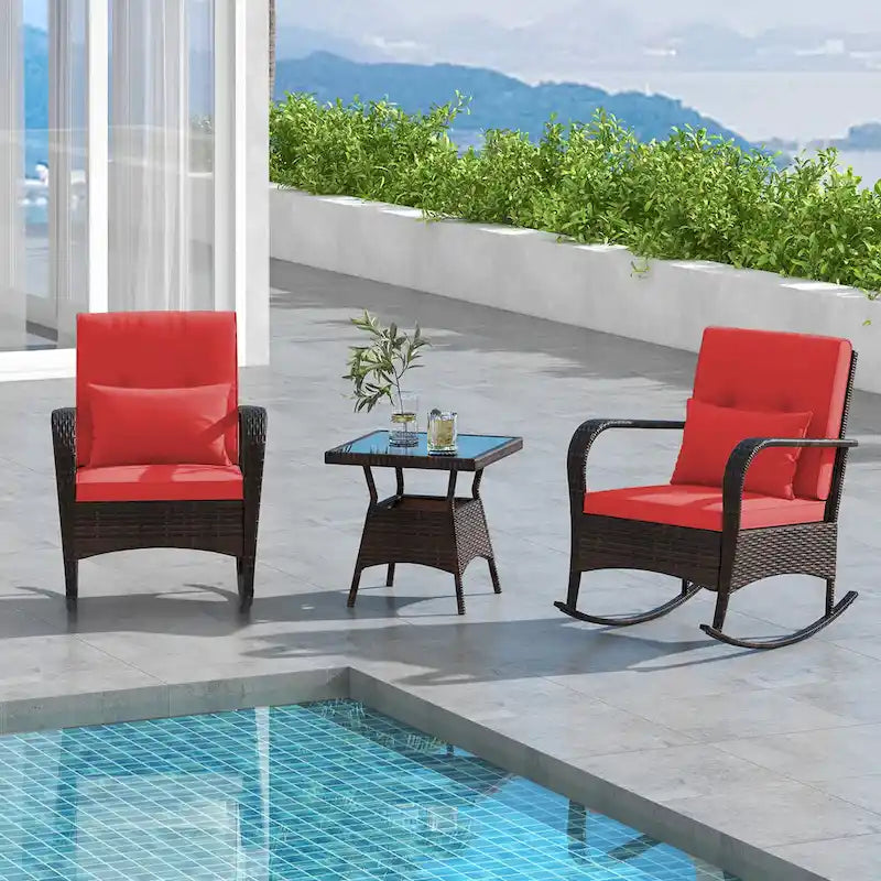 Gymax 3 Piece Outdoor Rocking Set Rattan Rocker Chairs w/ Tempered