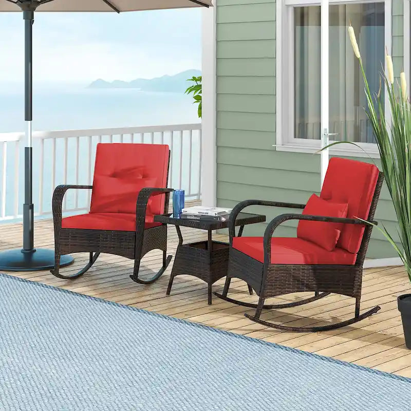 Gymax 3 Piece Outdoor Rocking Set Rattan Rocker Chairs w/ Tempered
