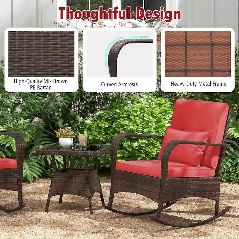 Gymax 3 Piece Outdoor Rocking Set Rattan Rocker Chairs w/ Tempered