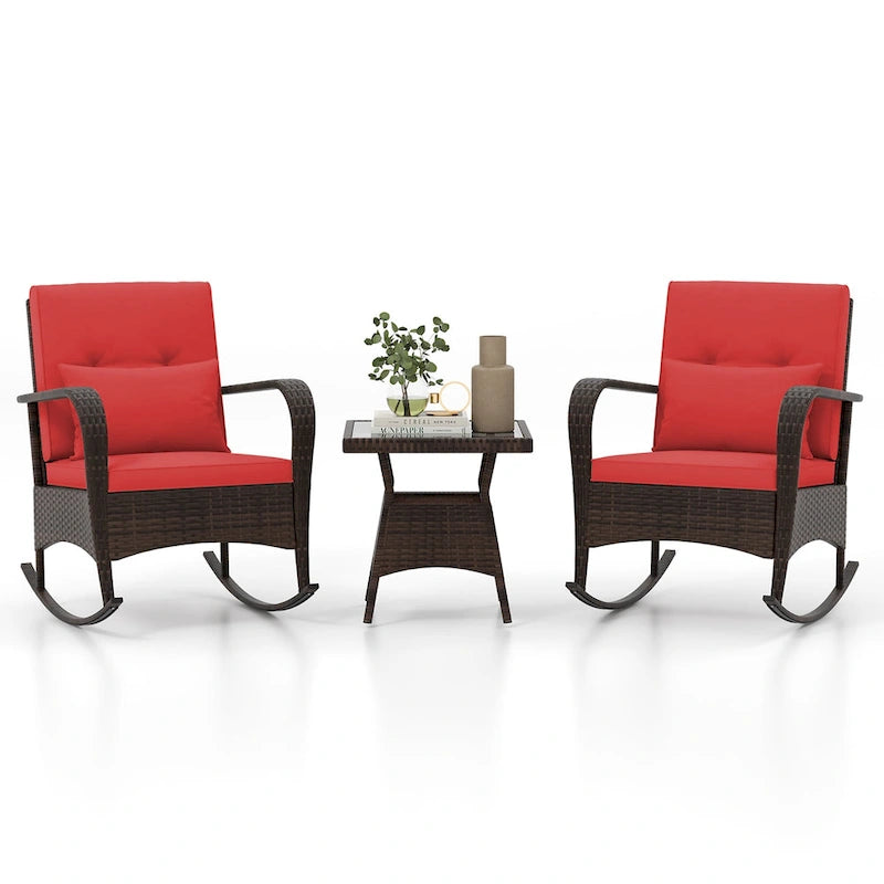 Gymax 3 Piece Outdoor Rocking Set Rattan Rocker Chairs w/ Tempered
