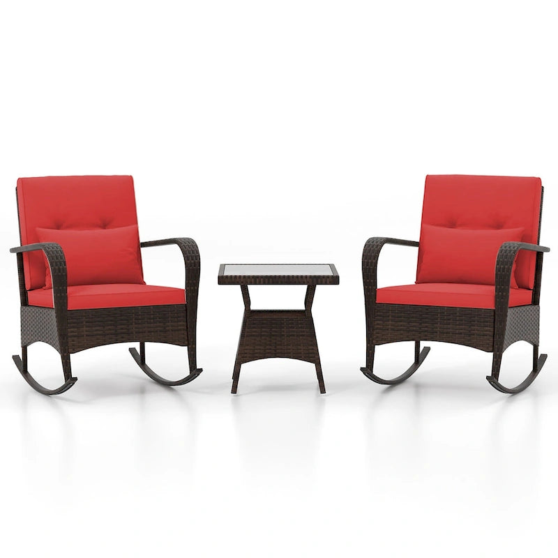 Gymax 3 Piece Outdoor Rocking Set Rattan Rocker Chairs w/ Tempered
