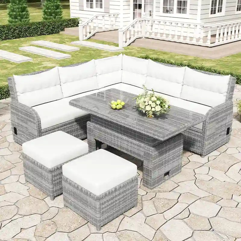 Outdoor Furniture Set Patio Rattan Furniture Set with an Adjustable Table, Recliners with Extendable Side Tables