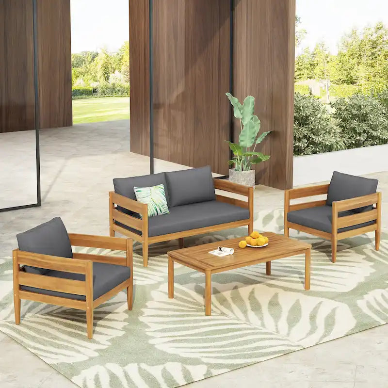 Christopher Knight Home- Jackson Curved Acacia Wood Outdoor 4 Piece Chat Set