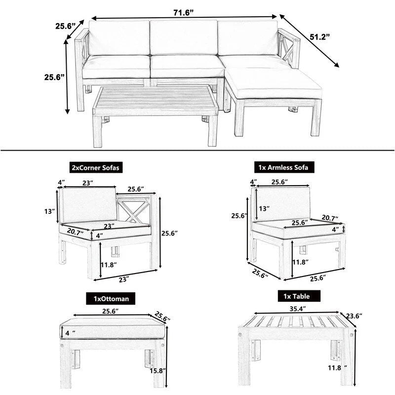 Five-Piece Outdoor Patio Sectional Sofa Set With Cushions For Backyard Seating
