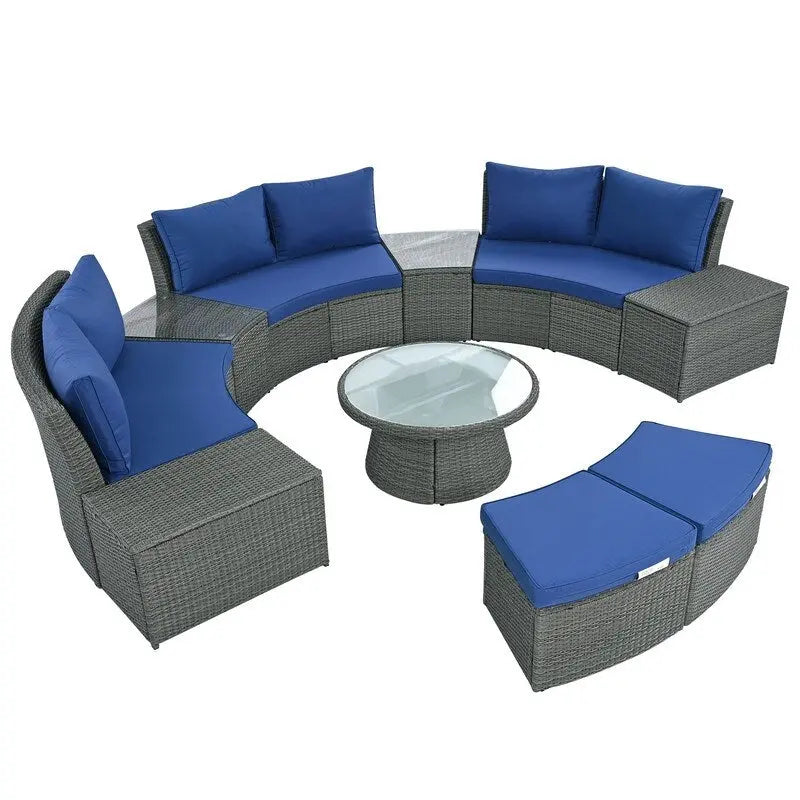 10-Piece Modular Half-Circular Outdoor Sectional Sofa Set In PE Rattan Wicker  Customizable Patio Conversation Furniture .