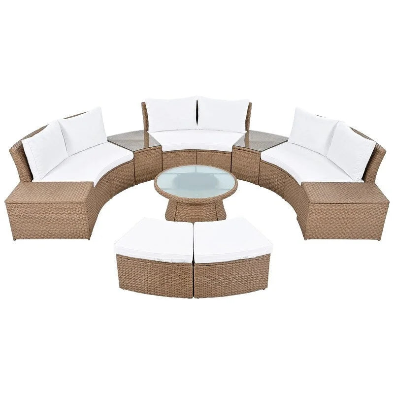 10-Piece Modular Half-Circular Outdoor Sectional Sofa Set In PE Rattan Wicker  Customizable Patio Conversation Furniture .