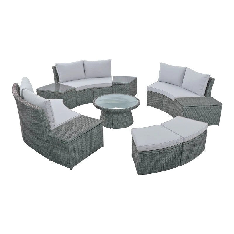 10-Piece Modular Half-Circular Outdoor Sectional Sofa Set In PE Rattan Wicker  Customizable Patio Conversation Furniture .