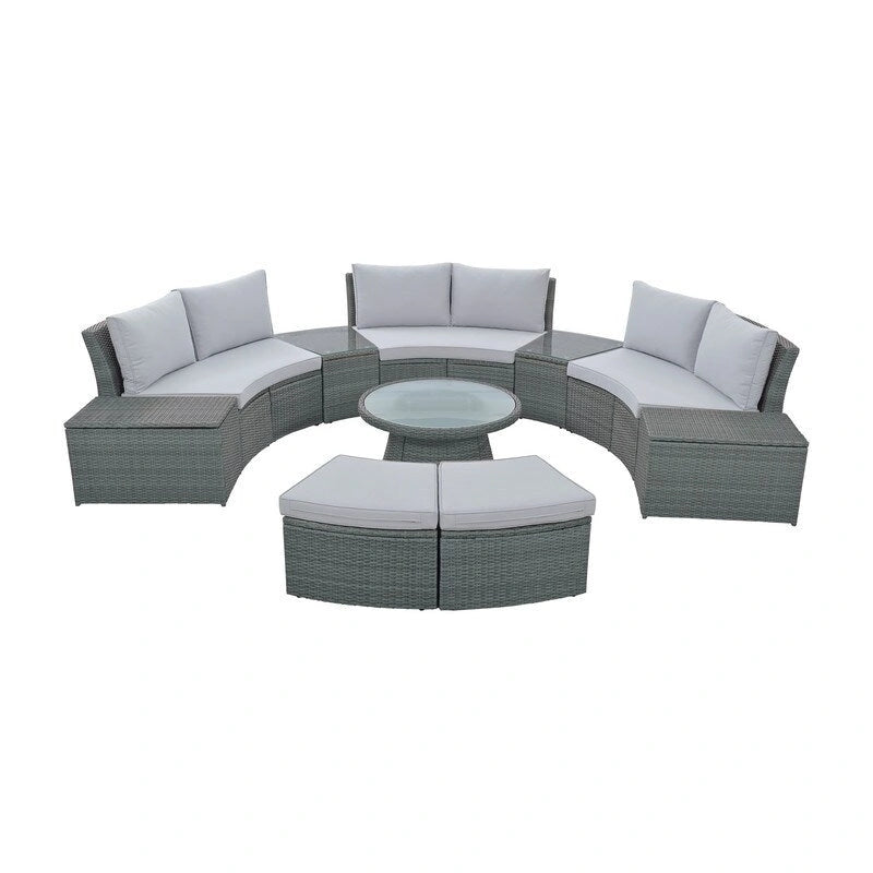 10-Piece Modular Half-Circular Outdoor Sectional Sofa Set In PE Rattan Wicker  Customizable Patio Conversation Furniture .