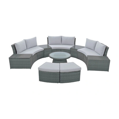 10-Piece Modular Half-Circular Outdoor Sectional Sofa Set In PE Rattan Wicker  Customizable Patio Conversation Furniture .