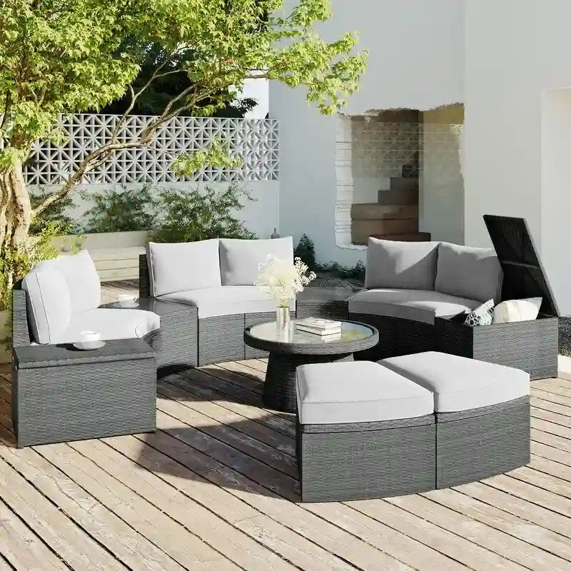 10-Piece Modular Half-Circular Outdoor Sectional Sofa Set In PE Rattan Wicker  Customizable Patio Conversation Furniture .