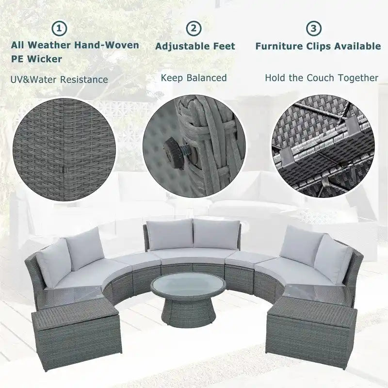 10-Piece Modular Half-Circular Outdoor Sectional Sofa In PE Rattan Wicker