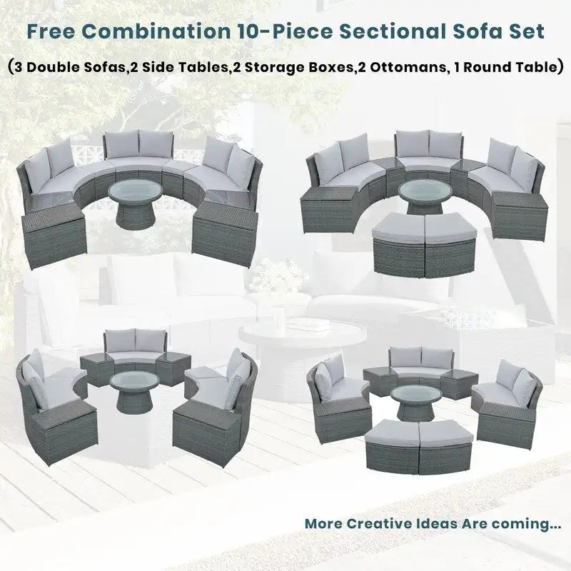 10-Piece Modular Half-Circular Outdoor Sectional Sofa In PE Rattan Wicker