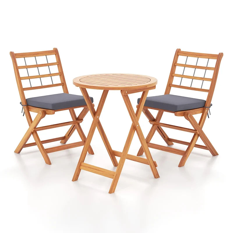 Gymax 3 PCS Acacia Wood Patio Bistro Set Folding Table & Chairs Set w/