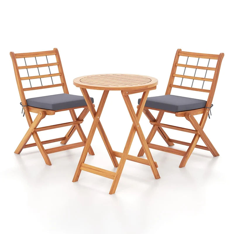 Gymax 3 PCS Acacia Wood Patio Bistro Set Folding Table & Chairs Set w/