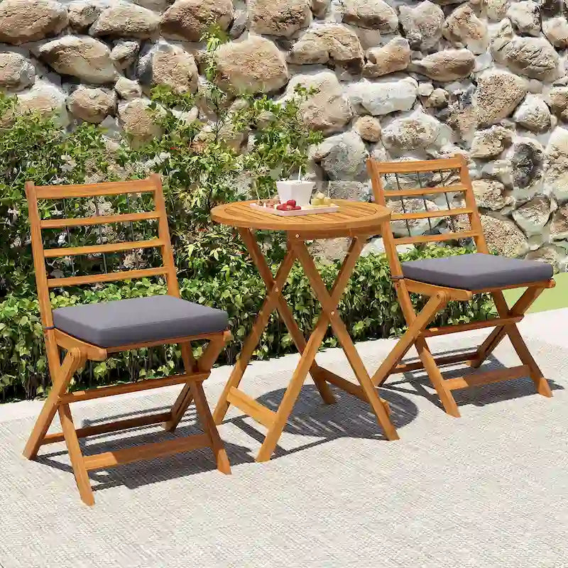 Gymax 3 PCS Acacia Wood Patio Bistro Set Folding Table & Chairs Set w/