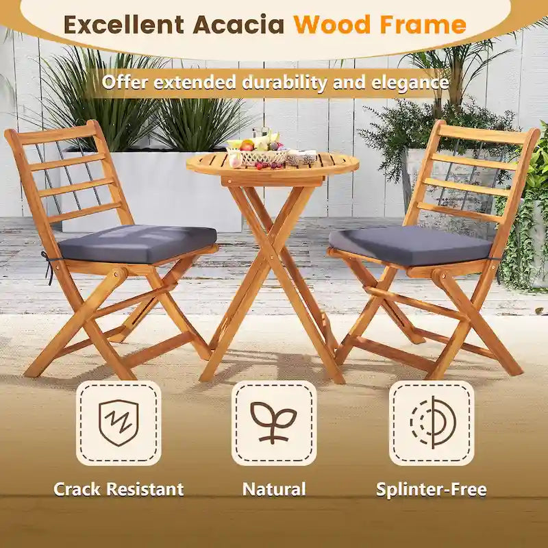 Gymax 3 PCS Acacia Wood Patio Bistro Set Folding Table & Chairs Set w/