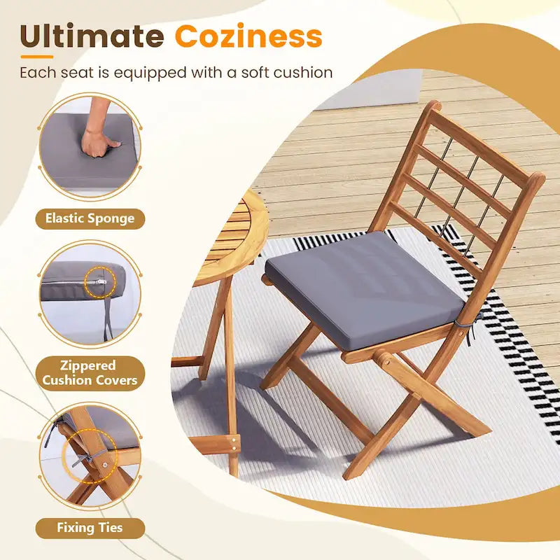 Gymax 3 PCS Acacia Wood Patio Bistro Set Folding Table & Chairs Set w/